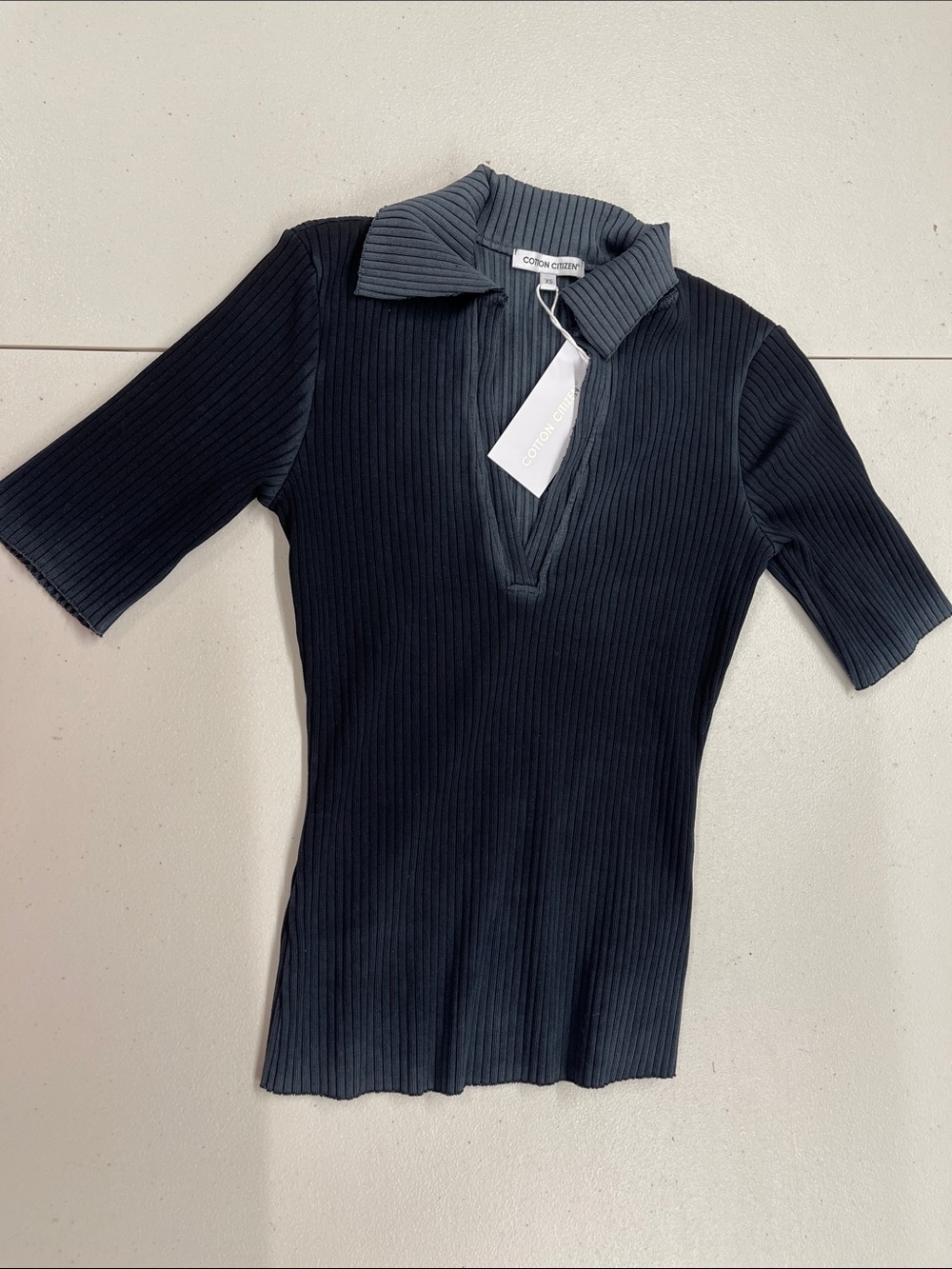 Cotton Citizen Black Ribbed Short-Sleeve Polo Top